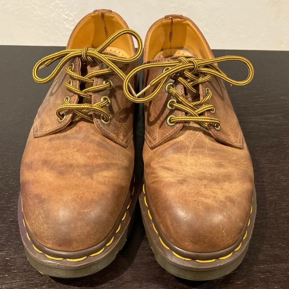 Dr. Martens Brown Leather Derby Shoes with Yellow Stitching